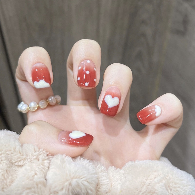 Press on False with Designs Set Cartoon Animal Decal Fake Nails Art Heart Point Full Cover Artificial Short Nail Tips Z163