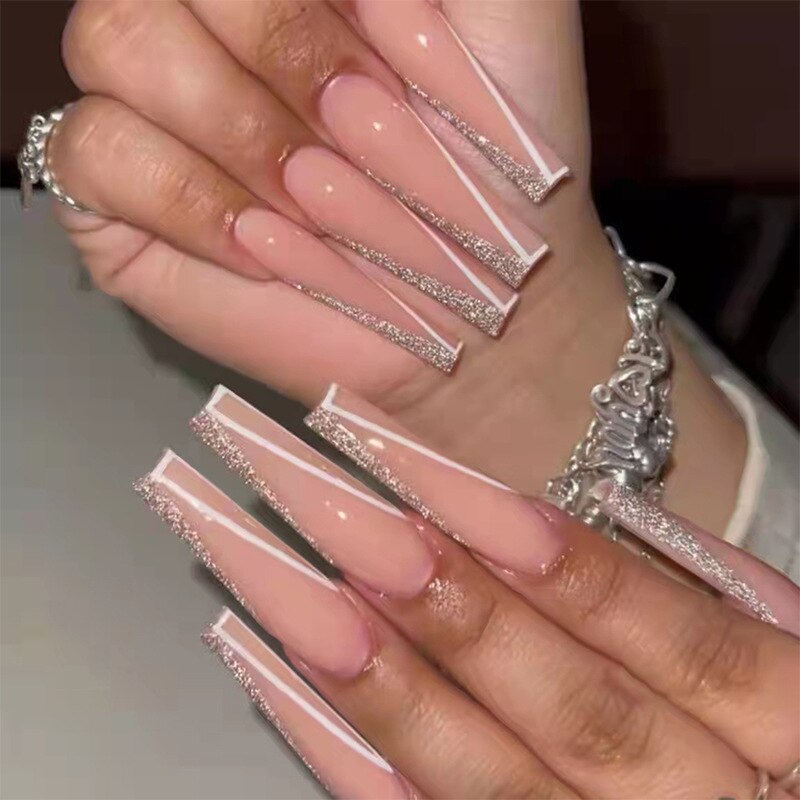 New Fake Nails French Nail Tips Press On Acrylic Nails Full Cover Nails Stick Stickers Reusable Set Design Acrylic Artificial
