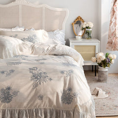 French Princess Style Washed Cotton Flowers Embroidery Fairy Bedding Set Ruffle Duvet Cover Quilt Cover Comforter Set Bed Linen