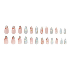 YICKYUE  -  24pcs 3D Starfish Fake Nails Sweet Cool Ins Blue Ocean False Nails Wearable Full Cover French Long Almond Head Press on Nails