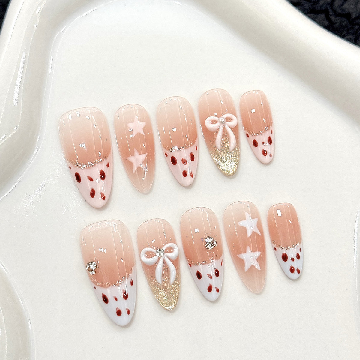 YICKYUE  -  10pcs Handmade French Press on Nails Sweet Cute Pink Bow Decor Fake Nails Wearable Glitter Sweet Cool Girls False Nail Tips