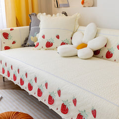 Frout Embroidered Strawberry White Sofa Cushion Pink Sweet Girlish Cotton Sofa Cape Home Lace Flower Couch Cushion Full Size Mat