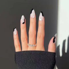 24pcs Almond Round Wavy False Nails Detachable Stiletto Ink Fake Nails Full Cover French Ballerina Nail Tips Press On Nails