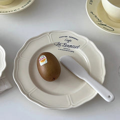 YICKYUE  -  Creative 8 Inch Retro French Simple Letter Beige Oval Ceramic Western Food Fruit Plate Cake Breakfast Plate  Plate Sets