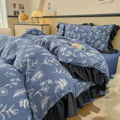 YICKYUE  -  Elegant Bedding Set Hepburn Style Lace Floral Duvet Cover Bed Sheet Quilt Set Three Piece Set French Dormitory Wash Ins