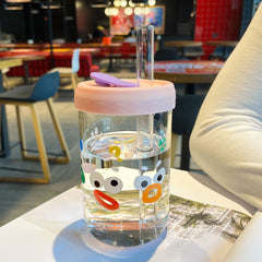 Yickyue  550ml Kawaii Cartoon Glass Cup With Lid and Straw Bubble Tea Cup Coffee Mug Juice Glass Beer Can Milk Mocha Water Cups Drinkware