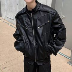 Hearujoy American Vintage High Street Leather Jacket Men Long Sleeve Stand Collar Motorcycle Tops Spring Autumn Fashion Handsome PU Coat