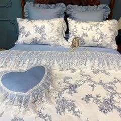 Yickyue Chic Blue White Romantic Shabby Ruffle Lace Duvet cover set 4/7pcs 100%cotton Bedding Set match Ultra Soft Bedskirt Pillowcases