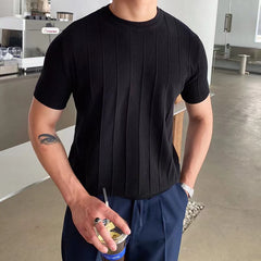 Hearujoy Summer New Men Knited Short Sleeve T-shirts High Quality O-neck Tees Tops Pullovers Solid Stripe Slim Fit T-Shirts Male Clothing