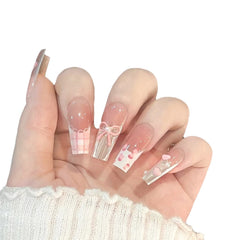 YICKYUE  -  10Pcs Handmade Press on Nails French Full Cover Pink Bow Heart Design Lovely Fake Nails Sweet Cute Manicure Nail Tips