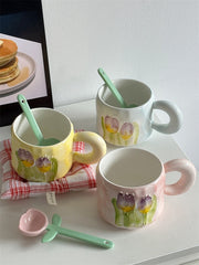 YICKYUE  -  Korean Style Fresh Ins Tulip Flower Ceramic Cup Underglaze Color Craft Coffee Mug with Spoon Milk Cup Simple Hand Gift Cup