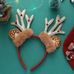 Yickyue Christmas Red Green Pale Gold Anlter Hair Hoop Plush Deer Ears Headband Girls Xmas Gifts Happy New Year 2023 Party Decorations