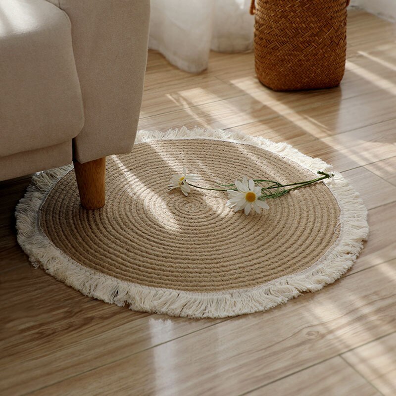 Hand-Woven Jute Carpet Japanese Living Room Minimalist Style Retro Coffee Table Cushion Living Room Sofa Cushion Home Decoration
