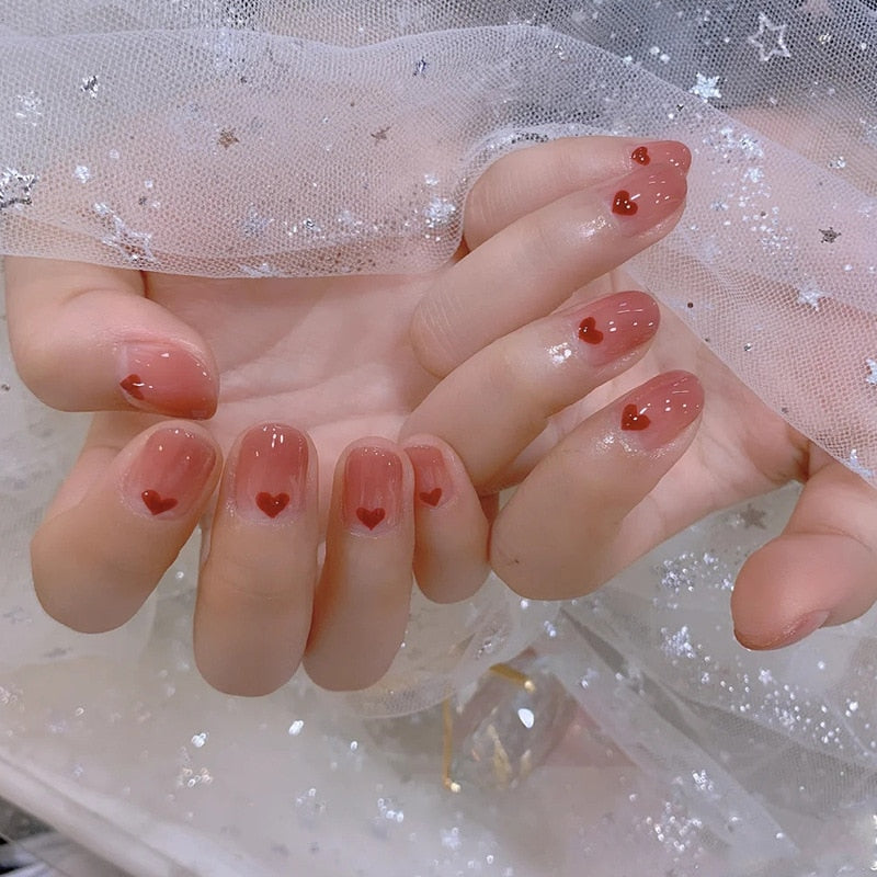 Fake short press-on nails with glue Round Pink Gradient Love Nail Stickers Finished  24PCS wearable full cover fake nail tips