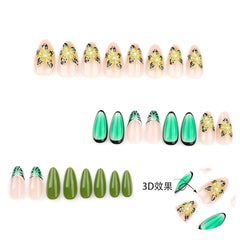 YICKYUE  -  Comics Style Stripe French Fake Y2k Nails Long Almond Press On Nails 3D Flowers Decor False Nails With Green Gradient Designs