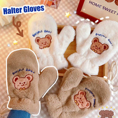 Girls Plush Gloves Winter Warmer Embroidered Bear Student Gloves Cute Plus Velvet Cycling Hanging Neck Gloves