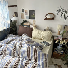 YICKYUE  -  Blue & Brown Vintage Striped Bedding Set