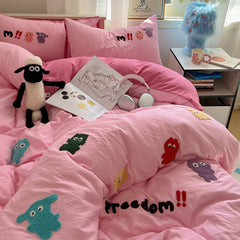 YICKYUE  -  Washed Cotton Soft Bedding Set Cute Cartoon Duvet Cover Bedclothes Bedspread Pillowcases Flat Sheets Comforter Sets for Girls