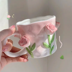YICKYUE 3D Three-dimensional Relief Ceramic Cup Large Capacity High Appearance Level Hand-painted Kneading Carving Craft Breakfast Cup