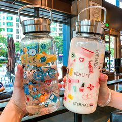 Yickyue 1000ml Fashion Graffiti Glass Water Bottle Adult Sport Large Capacity Transparent Space Cup Portable Tea Strainer Filter Bottles