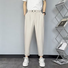 Hearujoy Korean Cropped Pants For Men Fashion Casual Suit Pants Solid Slim Fit Straight Trousers Spring Summer Trend Youth Pant Plus Size