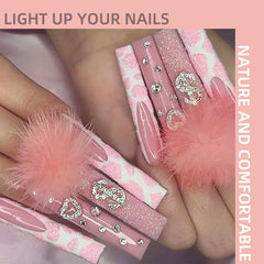 YICKYUE  -  Pink Leopard Print Handmade Press on Nails Cotton Candy Ball Glass Rhinestone Heart-Shaped Decoration French Cute Nail Art