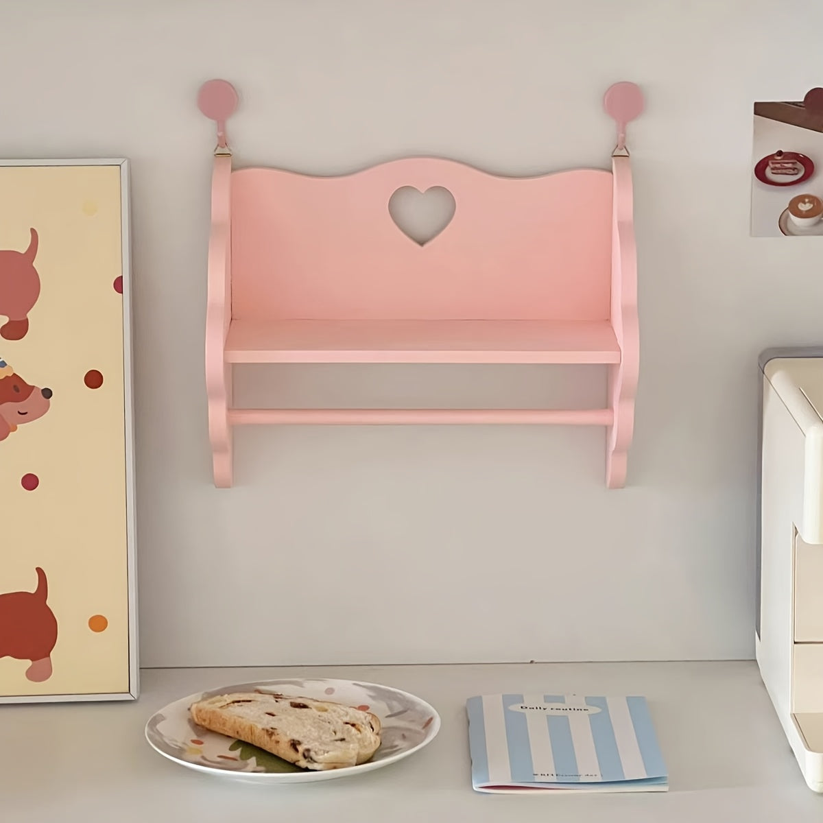YICKYUE  -  Charming Pink and Purple Wooden Wall Shelves - No-Drill, Multi-Functional Storage and Display Racks for Bathroom Decor, Featuring Heart-Shaped Hooks and Nautical Accents, Bathroom Shelves