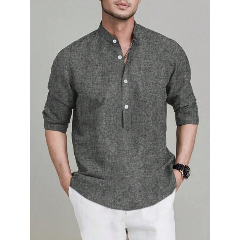 Hearujoy Retro Men Cotton Linen Shirt Grey Long Sleeved Stand Collar Pullover Tops Spring Autumn Fashion Casual Loose Oversized Shirts