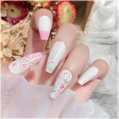 1 Sheet Pink Tulips Flower Designs 3D Nail Sticker Self-Adhesive Slider Art Decorations Decals Manicure Accessories