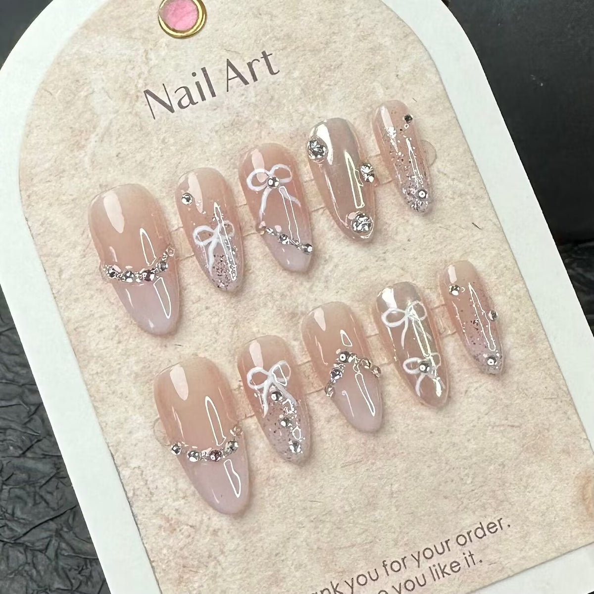 YICKYUE  -  10Pcs Pink Handmade Press on Nails Full Cover Bow Tie Rhinestone Design French Fake Nails Wearable Manicure Nail Tips Art