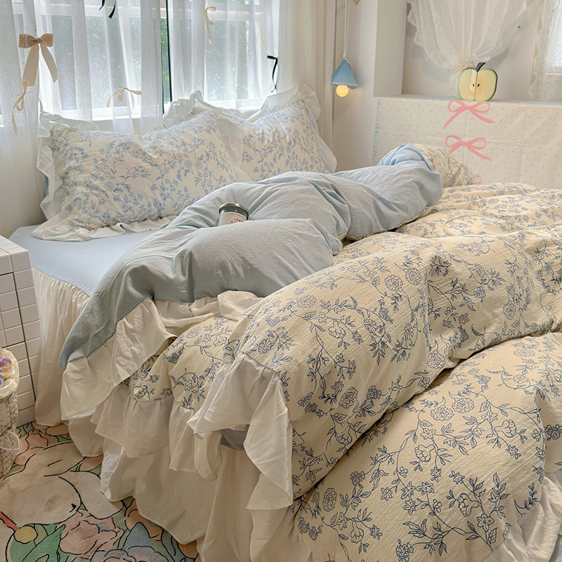 YICKYUE  -  Bedding Set Korean Style New  Small Floral Water Washed Cotton Lace Duvet Cover Set Queen Size