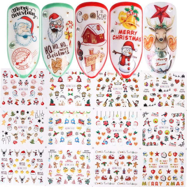 12pcs Cute Christmas Cartoon Nail Design Snowman Elk Santa Claus Nail Art Stickers Water Slider Xmas Accessories GLBN1393-1404