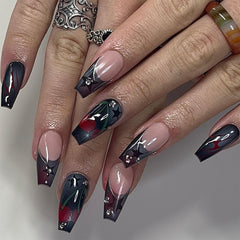 YICKYUE  -  24Pcs Gradient Brown Coffin False Nails Long Ballet Fake Nail with Maple Leaf Design Glitter Wearable Press on Nail Tip Manicure