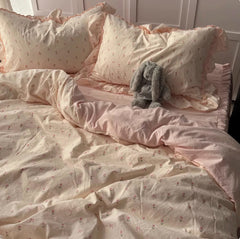 YICKYUE  -  Korean Girl Ins Pink Small Floral Washed Cotton Four-piece Set Lotus Leaf Lace Quilt Cover Bed Skirt Dormitory Three-piece Set