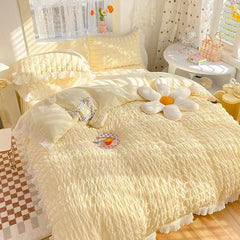 YICKYUE  -  Summer princess style super king size bedding set soft yellow quilt cover seersucker ice silk bed four-piece washable cotton