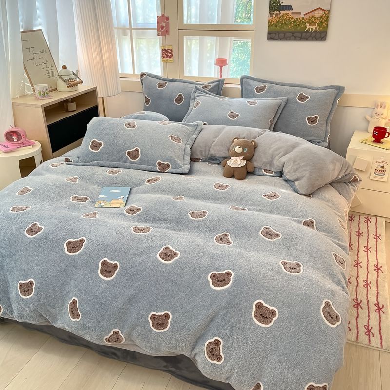 YICKYUE  -  Winter Bedding Set Lace Milk Velvet Bed Sheet 3 4 Pcs Autumn Thickened Warm Anti-Static Blanket Bear Double-Sided Duvet Cover