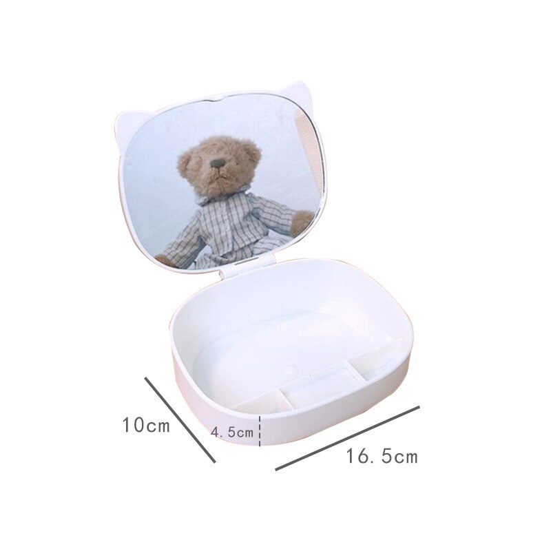 Kawaii Desktop Makeup Organizer Box with Mirror Portable Cosmetics Organizer Cat Ear Storage Vanity Mirror Desktop Organizer Box