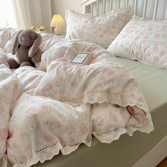 YICKYUE  -  Korean Style Double Gauze Bedding Set - 4PC Lace Trim Duvet Cover | Soft & Breathable (Class A Certified)