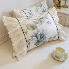 YICKYUE  Korean Princess Style 100% Cotton Bedding Set French Flowers Print Lace Ruffles Duvet Cover Bed Skirt Bedspread Pillowcases 4Pcs