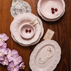YICKYUE  -  Pink Plate Set Retro Embossed Ceramic Dishes Cup and Saucer Breakfast Milk Mug Soup Plate Kitchen Tableware Housewarming Gift