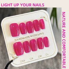 YICKYUE  -  Rose Red Crystal Cat Eye Handmade Press on Nails Wearing Armor Solid Color Minimalist Nail Art