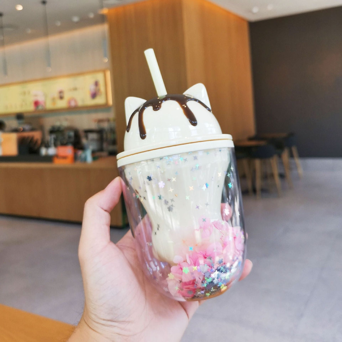Creative Kawaii cat claw double layer plastic water cup girl heart fashion straw cup light double layer lovely petal cat cup