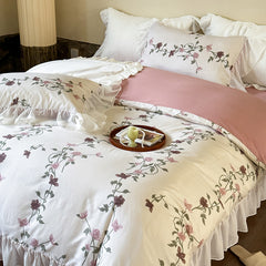 YICKYUE  -  Lace Ruffles Princess Pure Cotton Bedding Set Floral Quilt Cover Girls Wedding Home Textiles Duver Cover Bed Sheet Pillowcases