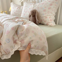 YICKYUE  -  Korean Style Double Gauze Bedding Set - 4PC Lace Trim Duvet Cover | Soft & Breathable (Class A Certified)