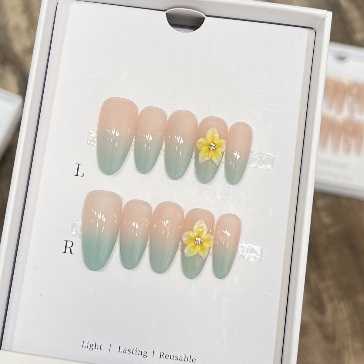 YICKYUE  -  10pcs Handmade Elegant and Fresh Yellow Green Gradient Painted Egg Flower Design French Oval Fake Nails Wearable Nails for Girls