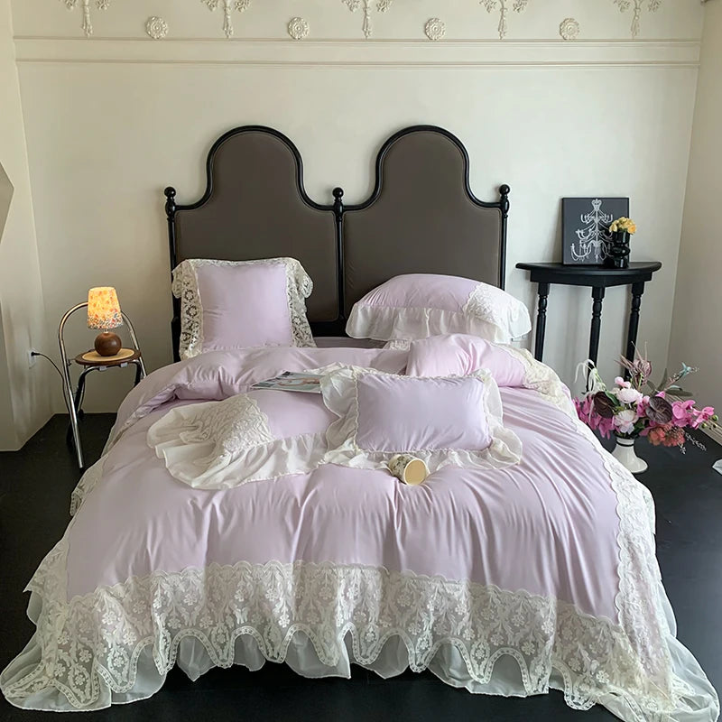 YICKYUE  -  French Style Bedding Set Princess Duvet Cover Set Cotton  Chiffon Lace Ruffle Comforter Sets Luxury Girls Wedding