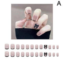 24pcs Fake Nails Press On Short Reusable With Designs Set French Artificial Simple Stick-on Nails Tips Art False Kawaii Nails