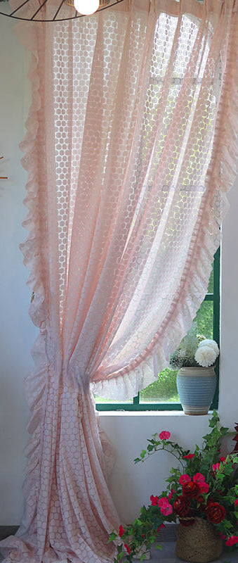 YICKYUE  -  Princess Style Room Divider Light Pink Tulle Embroidery Lace Flower Patter Flouncing Sheer Curtain for Living Room Wedding Decor