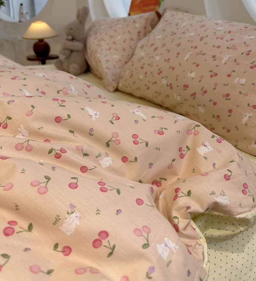 YICKYUE  -  Cute rabbit cherry pink green bedding set 1.2 1.5 1.8 kid,twin full queen cotton home textile bed sheet pillowcase quilt cover