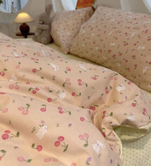 YICKYUE  -  Cute rabbit cherry pink green bedding set 1.2 1.5 1.8 kid,twin full queen cotton home textile bed sheet pillowcase quilt cover